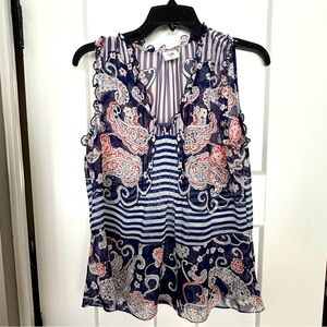 CAbi #5349 Blue Peplum Blouse Paisley Stripe Sleeveless Ruffle Top Size X Small
